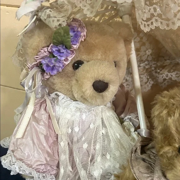 Elegant Teddy Bear Trio with Lace Dresses - Picture 5 of 9